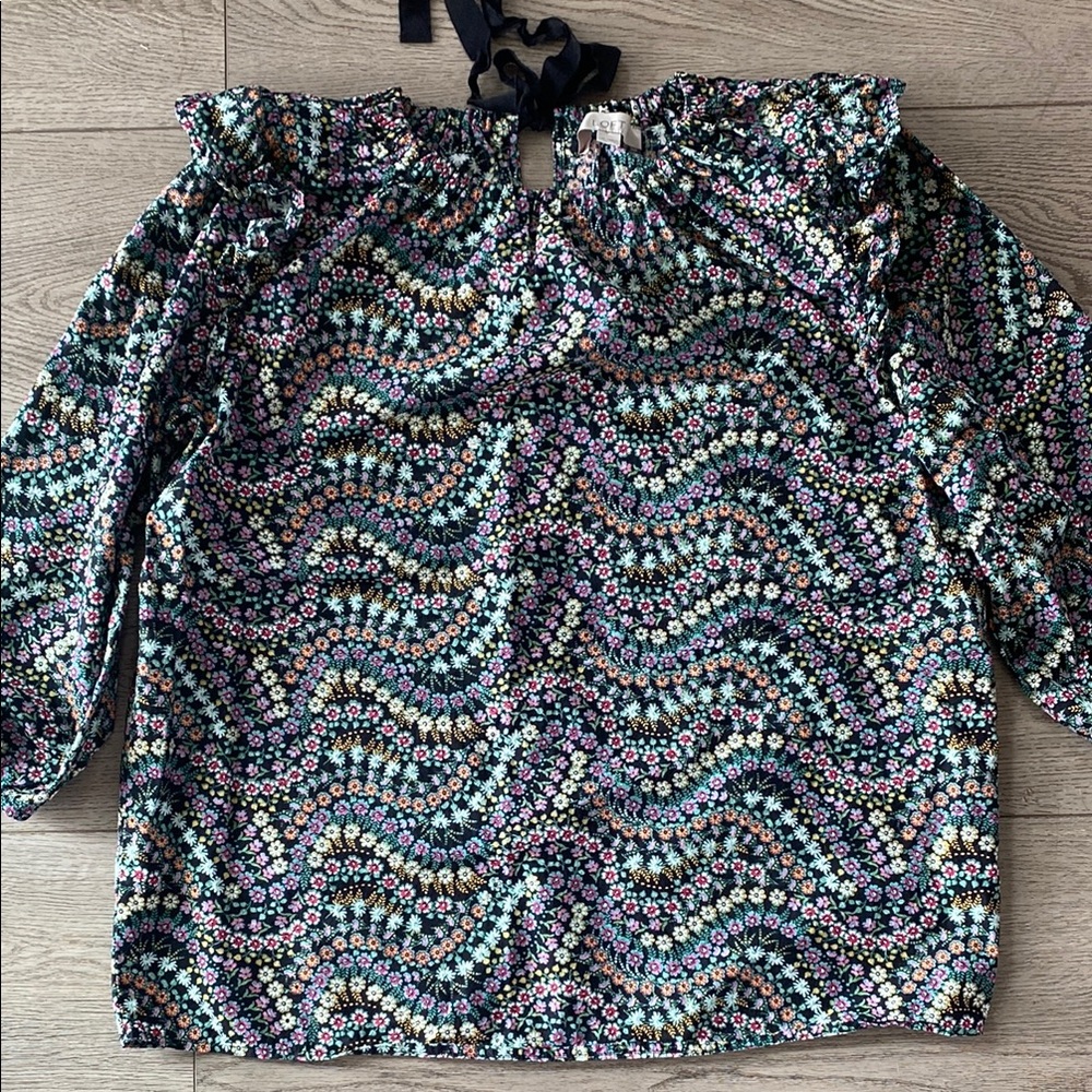 LOFT Black Floral Blouse with Black Back Tie